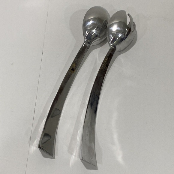 Mod Silver Tone Serving Fork & Spoon Set White Stone Shell Inlay Made in India - Picture 4 of 8